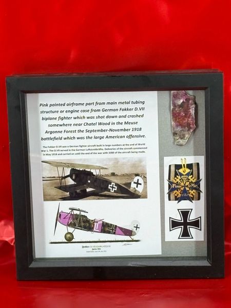 Unbelievably rare glass framed Pink painted structure part from German Fokker D.VI biplane fighter which was shot down and crashed somewhere near Chatel Wood in the Meuse Argonne Forest the 1918 battlefield from American offensive.