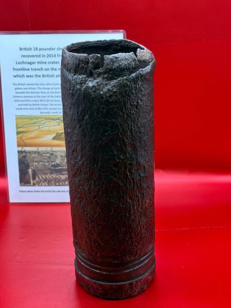 British 18 pounder shell projectile with damaged neck solid relic condition,recovered in 2014 from the field opposite Lochnagar mine crater the German frontline trench on the morning of the 1st July 1916 which was the British attack on Somme battlefield.