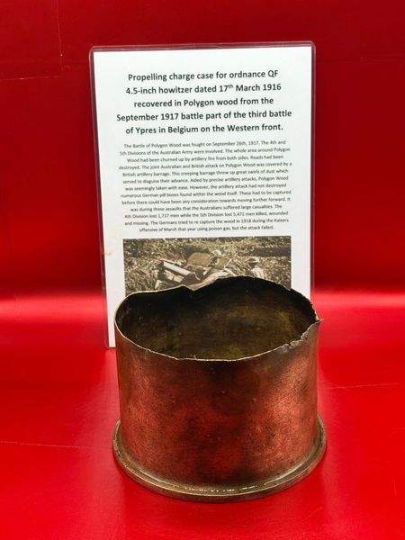 British propelling charge case for ordnance QF 4.5-inch howitzer dated 17th March 1917,nice relic condition recovered in Polygon wood from the September 1917 battle part of the third battle of Ypres in Belgium on the Western front.