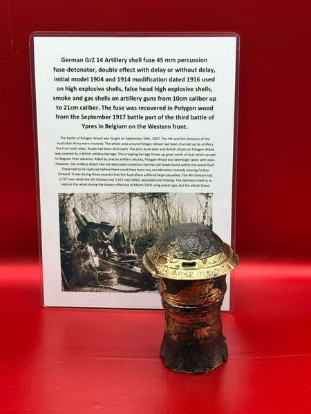 Fantastic German GrZ 04 Artillery shell fuse 45 mm percussion fuse-detonator, double effect with delay or without delay, initial model 1904 and 1914 modification dated 1916 used on many types of shells recovered in Polygon wood,September 1917,Ypres