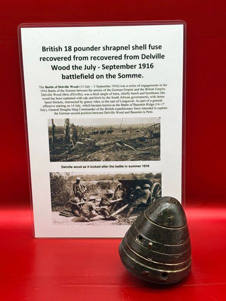 British 18 pounder shrapnel shell fuse with original brass colour remains, fantastic condition battlefield find recovered many years ago in Delville Wood the July - September 1916 battlefield on the Somme.