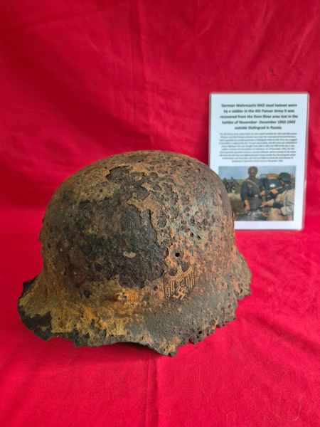 German Wehrmacht M42 steel helmet worn by a soldier in the 4th panzer army. Recovered in the Dom river area, lost in the battles of November - December 1942-1943 outside Stalingrad Russia.