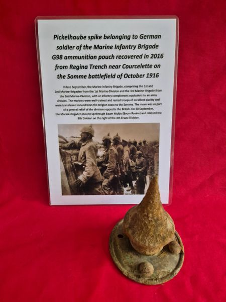 pickelhaube spike belonging to German soldier of the marine infantry brigade recovered in 2016 from Regina trench near Courcelette on the Somme battlefield of October 1916..