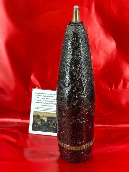 Complete conical French 155mm high explosive shell projectile nice condition some original colours fired by the 1917 model 155mm heavy field howitzer found on the Somme battlefield of 1916-1918