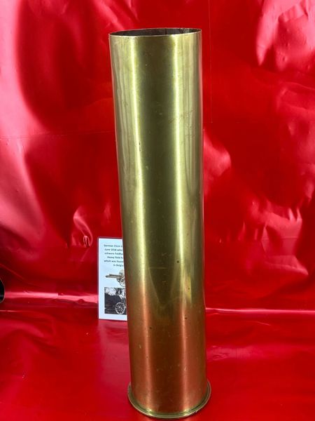 German 15cm long brass shell case dated 1918,lovely clean condition which was fired by the 15 cm schwere Feldhaubitze 13 (15 cm sFH 13) Heavy field howitzer. The shell case which was found on the Ypres Battlefield in Belgium of 1914-1918.