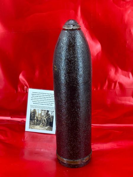 Complete unfired German long 15cm high explosive shell with GrZ 04 fuse fired by 15cm S.F.H 02 or the later S.F.H 13 heavy field howitzer which was found on the Ypres Battlefield in Belgium of 1916-1918.