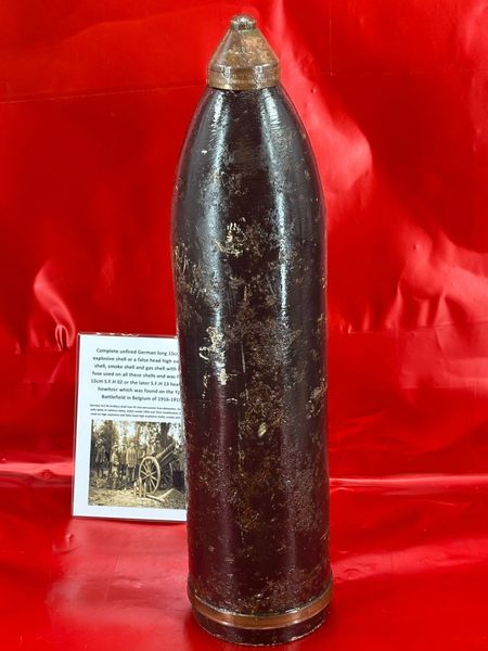 Complete fantastic condition German long 15cm high explosive/shrapnel shell with a Dopp Z 92 45mm time/percussion fuse it is dated 1915, fired by 15cm S.F.H 02 or the later S.F.H 13 heavy field howitzer found on the Ypres Battlefield in Belgium 1916-1918.