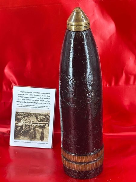 Complete fantastic condition German 13cm high explosive/shrapnel shell with a Dopp Z 92 45mm time/percussion fuse fantastic condition, fired by 13cm FK13 field artillery gun found on the Ypres Battlefield in Belgium 1916-1918.