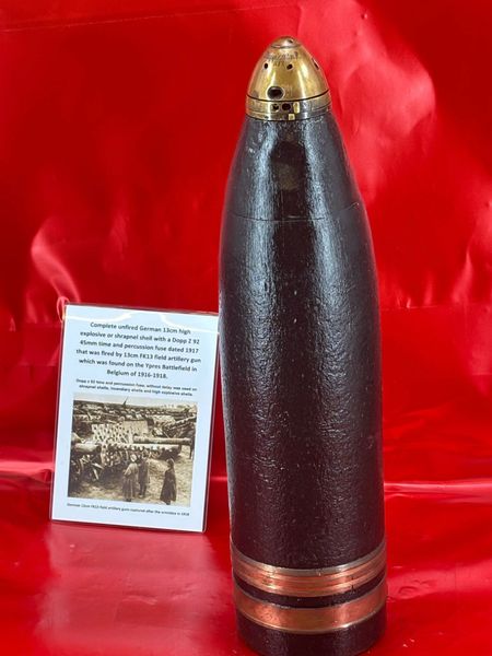 Complete fantastic condition unfired German 13cm high explosive/shrapnel shell with a Dopp Z 92 45mm time/percussion fuse fantastic condition dated 1917, fired by 13cm FK13 field artillery gun found on the Ypres Battlefield in Belgium 1916-1918.