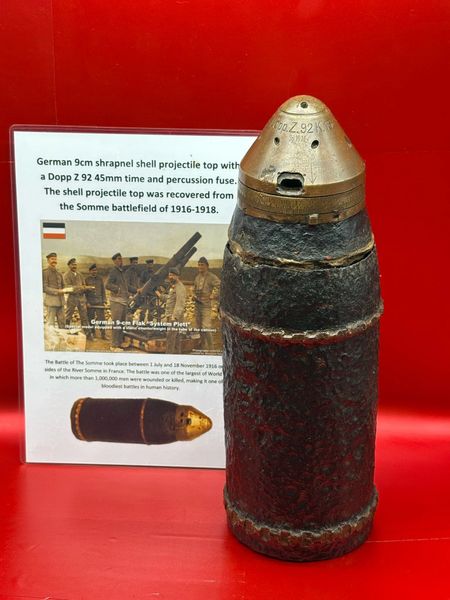 Lovely condition German 9cm shrapnel shell projectile with a Dopp Z 92 45mm percussion fuse dated 1916 with maker markings the projectile was recovered from the Somme battlefield of 1916-1918.