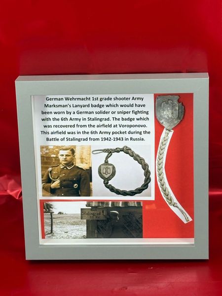 Glass framed very rare German Wehrmacht 1st grade shooter Army Marksman's Lanyard badge recovered from the airfield at Voroponovo which was in the 6th Army pocket during the Battle of Stalingrad from 1942-1943 in Russia.