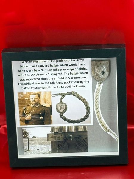 Glass framed very rare German Wehrmacht 1st grade shooter Army Marksman's Lanyard badge recovered from the airfield at Voroponovo which was in the 6th Army pocket during the Battle of Stalingrad from 1942-1943 in Russia.