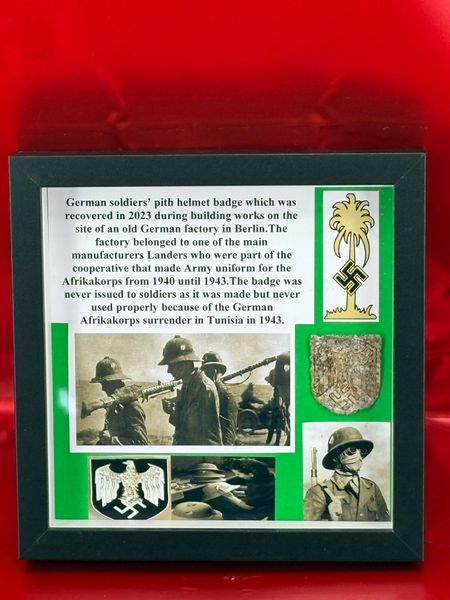 Glass framed German soldiers’ pith helmet badge,nice condition relic which was recovered in 2023 during building works on the site of an old German factory in Berlin