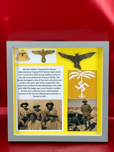 Glass framed German soldiers’ Kriegsmarine (Navy) Administration Tropical Pith Helmet Eagle which is in nice relic condition,well cleaned which was recovered in 2023 during building works on the site of an old German factory in Berlin
