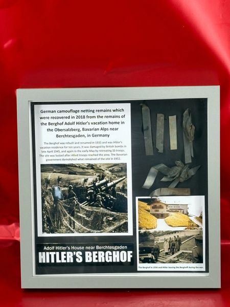 Glass framed very rare German camouflage netting remains which were recovered in 2018 from the remains of the Berghof Adolf Hitler’s vacation home in the Obersalzberg, Bavarian Alps near Berchtesgaden, in Germany