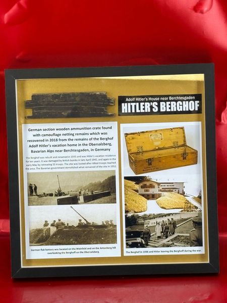 Glass framed German section wooden ammunition crate found with camouflage netting remains which was recovered in 2018 from the remains of the Berghof Adolf Hitler’s vacation home in the Obersalzberg