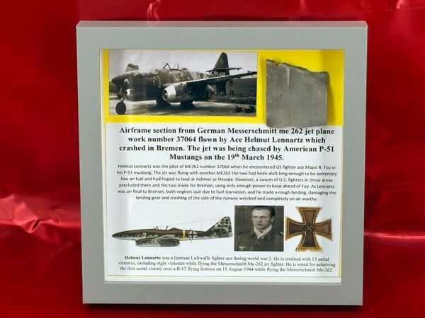 Glass framed nice clean small airframe section from German Messerschmitt me 262 jet plane work number 37064 flown by Ace Helmut Lennartz damaged by allied fighters and crashed in Bassum south of Bremen on the 6th November 1944