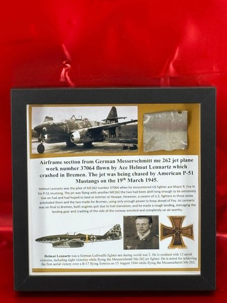 Glass framed nice clean small airframe section from German Messerschmitt me 262 jet plane work number 37064 flown by Ace Helmut Lennartz damaged by allied fighters and crashed in Bassum south of Bremen on the 6th November 1944