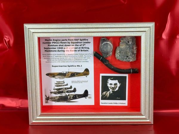 Glass framed group of larger size Merlin engine parts from British RAF Spitfire number P9422 flown by Squadron Leader Pinkham shot down, 5th September 1940 crashed at Birling near Maidstone during the Battle of the Britain