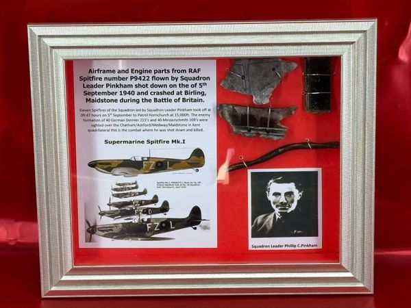 Glass framed group of larger size Merlin engine parts from British RAF Spitfire number P9422 flown by Squadron Leader Pinkham shot down, 5th September 1940 crashed at Birling near Maidstone during the Battle of the Britain