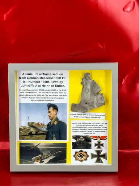 Glass framed Very rare airframe section with original gray/green paintwork from Messerschmitt bf109 serial number 13605 flown by luftwaffe ace Heinrich Ehrler when he got his 200th kill over the Eastern Front