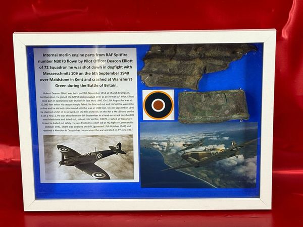 Large glass framed pair of internal merlin engine parts from RAF Spitfire number N3070 flown by Pilot Officer Deacon Elliott of 72 Squadron he was shot down in dogfight on the 6th September 1940, crashed at Wanshurst Green during the Battle of Britain.
