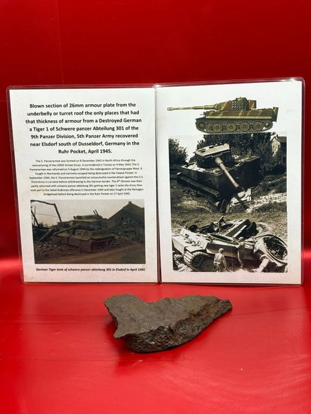 German Tiger 1 Tank section of blown 26mm armour plate from the underbelly, turret roof from a tank of Schwere Panzer Abteilung 301,9th Panzer Division recovered near Elsdorf,Ruhr Pocket April 1945