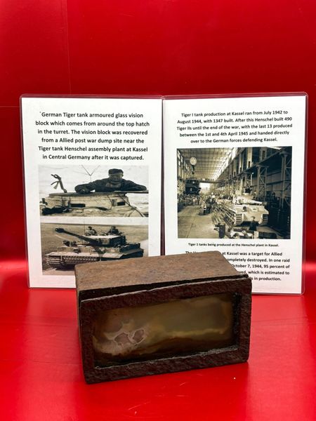 Lovely complete German Tiger tank armoured glass vision block which comes from around the top hatch in the turret recovered from a Allied post war dump site near the Tiger tank Henschel assembly plant at Kassel in Central Germany after it was captured.