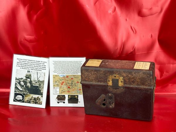 German complete Field telephone model 33 bakerlite case with original markings and colours used by soldiers in the SS Totenkopf Division recovered from old German SS dugout in the Demyansk Pocket near Leningrad in Russia,1942 battlefield