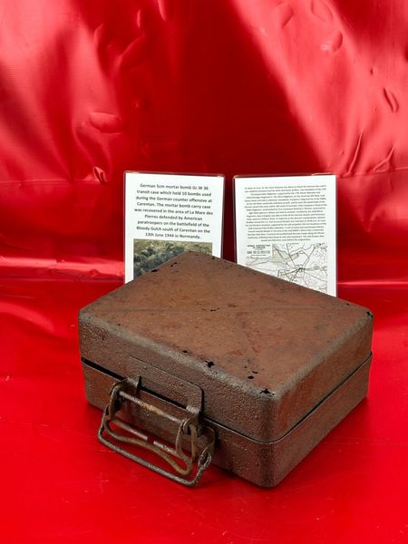 German 5cm mortar bomb Gr.W 36 transit case which held 10 bombs used during the German counter offensive at Carentan it was recovered in the area of La Mare des Pierres on the battlefield of the Bloody Gulch near Carentan,13th June 1944 in Normandy.