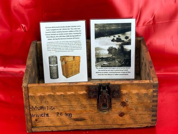 German Wehrmacht Smoke double Cylinder carry crate 'Langekerzer 42' ( Nb.KL 42) with some markings,label remains found in Sedan used as smoke screen when crossing the River Meuse in May 1940 during battle of Sedan,German invasion of France.