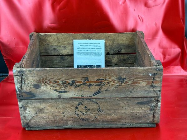 German Wehrmacht large food rations crate with eagle properly used by the 26th Volksgrenadier Division it was found in the Village of Bras near Bastogne in the Ardennes Forest from the Battle of the Bulge in the winter of 1944-45.
