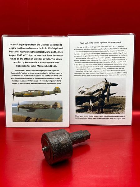 Nice complete internal part from inside the Daimler Benz DB601 engine on German Messerschmitt bf 109E-4 piloted by Staffel Kapitan Leutnant Horst Marx shot down 15th August 1940 and crashed at Frant in Sussex