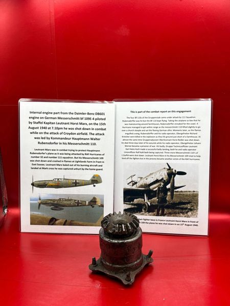 Nice complete internal cogged part from inside the Daimler Benz DB601 engine on German Messerschmitt bf 109E-4 piloted by Staffel Kapitan Leutnant Horst Marx shot down 15th August 1940 and crashed at Frant in Sussex