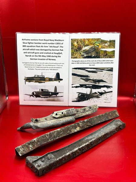 Airframe sections with black/green paintwork remains from Royal Navy Blackburn Skua fighter bomber work number L3055 of 800 squadron Fleet Air Arm "Ark Royal",damaged by German flak and crashed at Haugfjell, Narvik on the 9th May 1940, invasion of Norway.