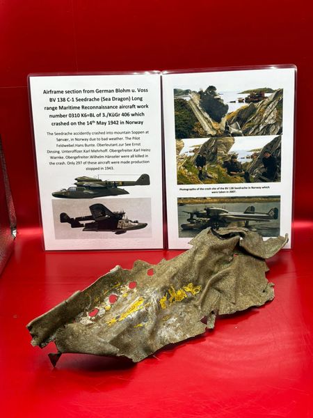 Totally rare aluminium airframe section with yellow paint insignia remains from German Blohm u. Voss BV Seedrache (Sea Dragon) Long range Maritime Reconnaissance aircraft work number 0310 K6=BL of 3./KüGr 406 which crashed 14th May 1942 in Norway