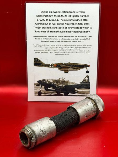 Fantastic condition with maker markings pipework section from German Messerschmitt Me262 number 170299 of 1/KG 51 it crashed after running out of fuel on the November 26th 1944 south of Kirchwistedt near Bremerhaven,Germany
