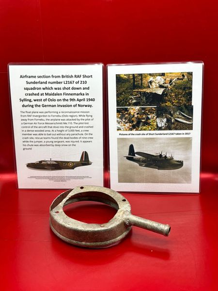 Round clean airframe section from British RAF Short Sunderland number L2167 of 210 squadron which was shot down and crashed at Maidalen Finnemarka in Sylling, west of Oslo on the 9th April 1940 in Norway.
