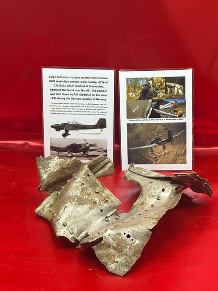 Large aluminium airframe section with all original colour and gray/green paintwork from German JU87 stuka dive bomber work number 4528 of 2./I./StG1 which crashed at Skamdalen near Narvik,shot down by RAF Gladiator on the 2nd June 1940,invasion of Norway.