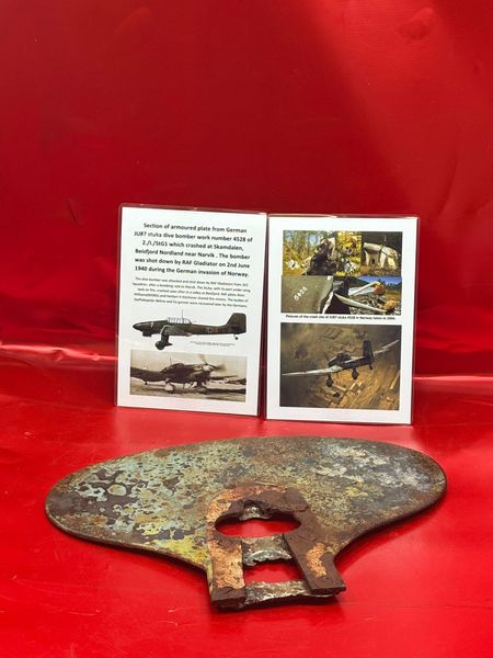 Large section of armoured plate with original paintwork from German JU87 stuka dive bomber work number 4528 of 2./I./StG1 which crashed at Skamdalen near Narvik,shot down by RAF Gladiator on the 2nd June 1940,invasion of Norway.