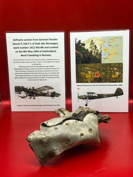 Aluminium and steel airframe structure section from German Fieseler Storch Fi 156 F-1 of Stab Jafu Norwegen, work number 1411 W5+BK protecting battleship Tirpitz when it crashed on the 8th May 1944 at Fættenfjord, Nord-Trøndelag in Norway.