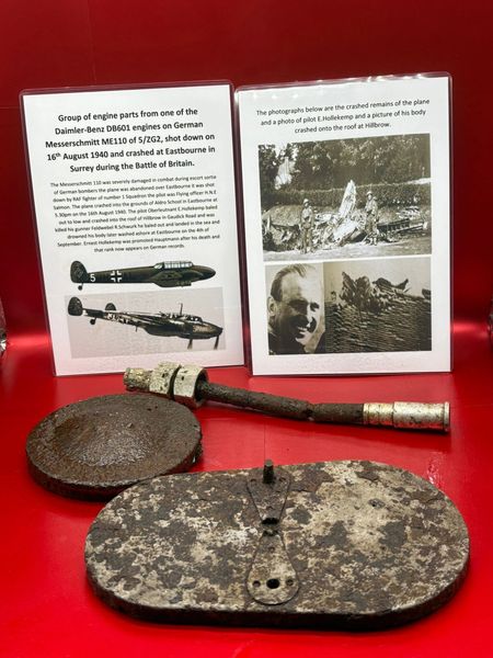 Group of engine parts from one of the Daimler-Benz DB601 engines on German Messerschmitt ME110 of 5/ZG2 shot down on the 16th August 1940 and crashed at Aldro School at Eastbourne in Surrey during the Battle of Britain