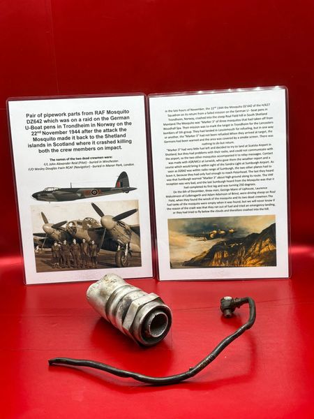 Pair of engine pipework parts with part numbers and colours from RAF Mosquito DZ642,on a raid on the German U-Boat pens in Trondheim in Norway on the 22nd November 1944 after the attack the plane crashed on the Shetland islands in Scotland
