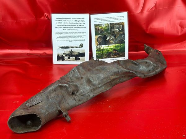 Large engine pipework section with maker label,some maker markings from one of the last aircraft shot down in Norway,German Junkers ju88 night fighter of 4./NJG 3 shot down by a RAF Lancaster bomber, 25th April 1945,crashed at Iveland Aust-Agder