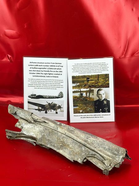 Very large airframe structure section with gray/black paintwork remains from German Junkers ju88 work number 140556 A-4/Trop of Aufklarungsstaffel 1.[F]AGr124,shot down by friendly fire,19th October 1944 it crashed at Lentokonelampi, Ivalo in Finland.