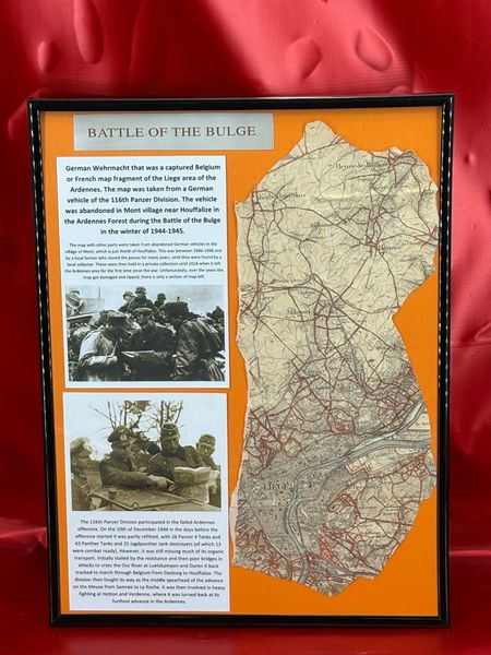 Very rare perspex framed German Army captured Belgium or French map fragment. This shows the Liege area of the Ardennes,taken from vehicle used by 116th Panzer Division recovered from near Houffalize in the Ardennes forest,1944-1945
