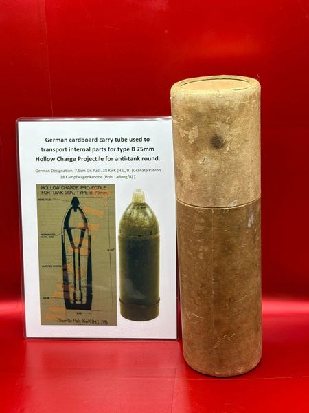 German lovely condition complete cardboard carry tube used to transport interernal parts for type B 75mm Hollow charge projectile for anti-tank round