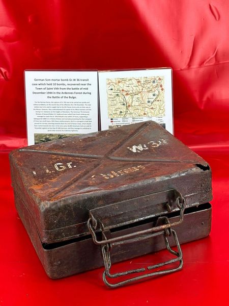 Lovely condition semi-relic German 5cm mortar bomb Gr.W 36 transit case which held 10 bombs with maker markings, recovered near the Town of Saint Vith from the battle of mid December 1944 in the Ardennes Forest during the Battle of the Bulge.