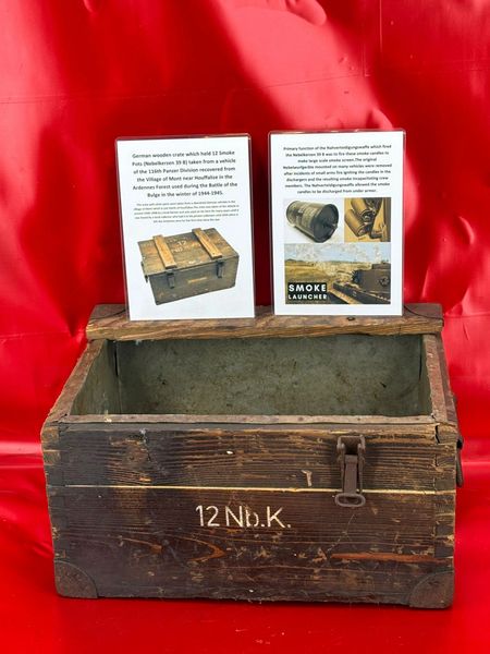 Very rare German wooden crate which held 12 Smoke Pots (Nebelkerzen 39 B) taken from a vehicle of the 116th Panzer Division recovered from the Village of Mont near Houffalize in the Ardennes Forest used during the Battle of the Bulge in 1944-1945.