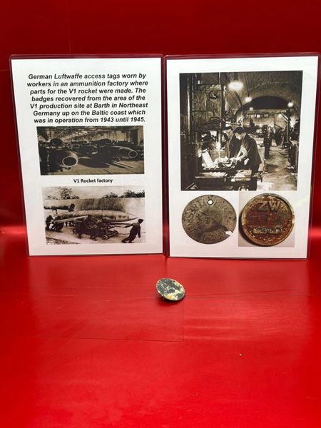 German Luftwaffe access tag,solid relic condition worn by a worker in an ammunition factory where parts for the V1 rocket were made they were recovered from the V1 production site at Barth on the Baltic coast in operation from 1943 until 1945.